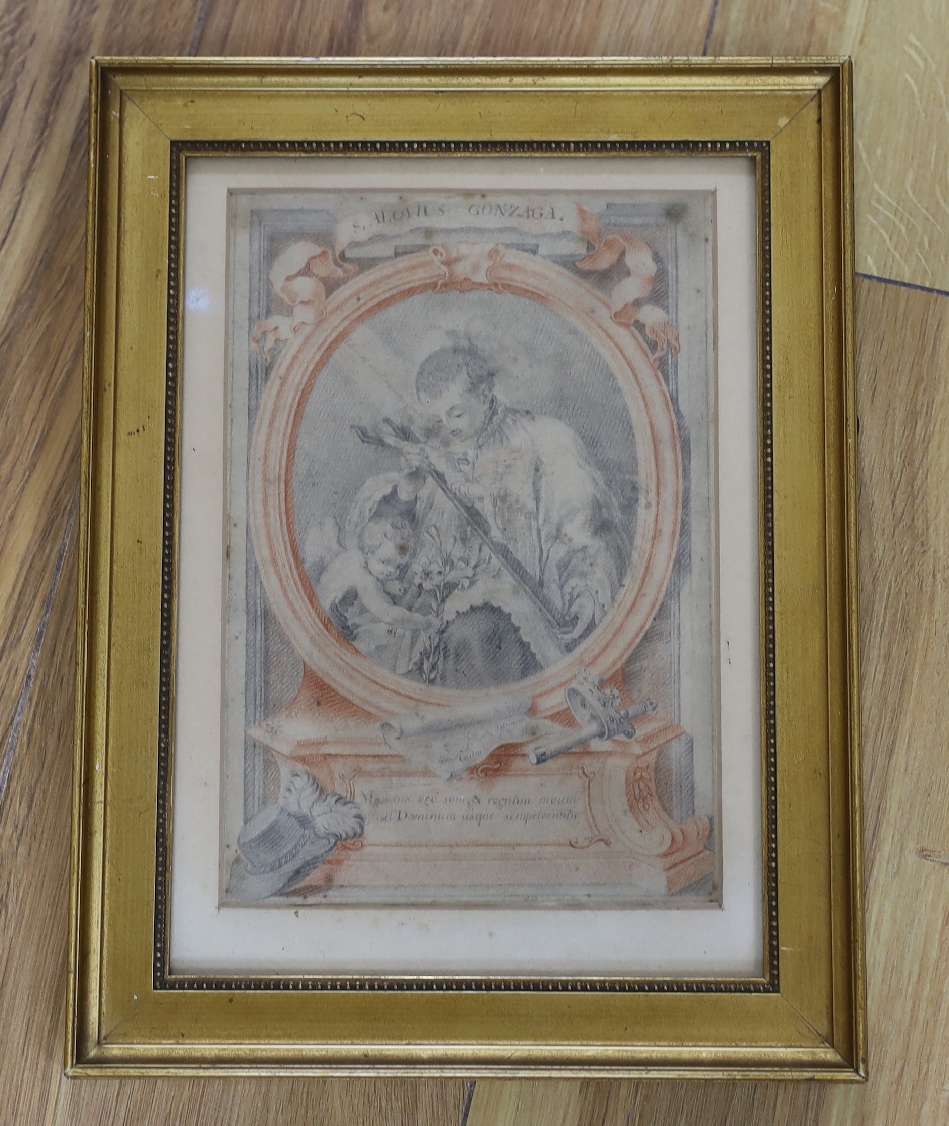 Italian Old Master, pencil and sanguine chalk, St Aloysius Gonzaga, indistinct ink inscription verso, 21.5 x 15cm